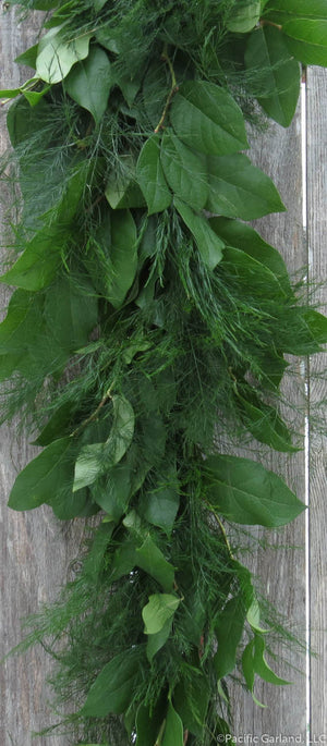 Designers Choice Two Item Garland with Salal and Tree Fern on Wood Fence