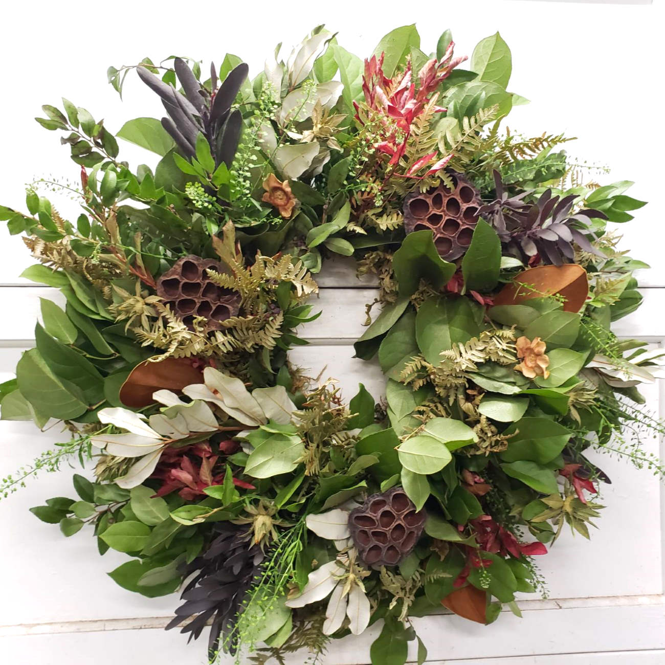 beautiful everlasting wreath with lotus pods