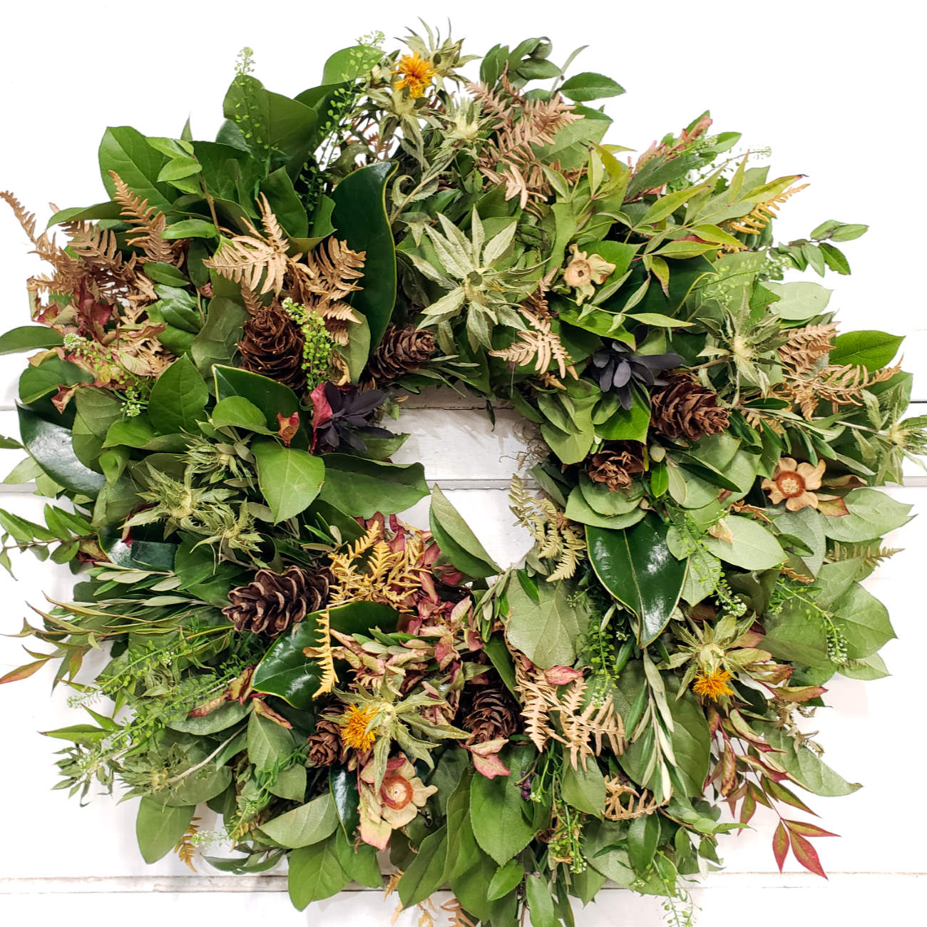 everlasting wreath with pinecones, fresh and dried greens